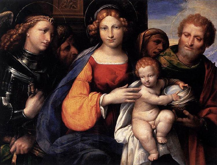 Benvenuto Tisi Virgin and Child with Saints Michael and Joseph oil painting image